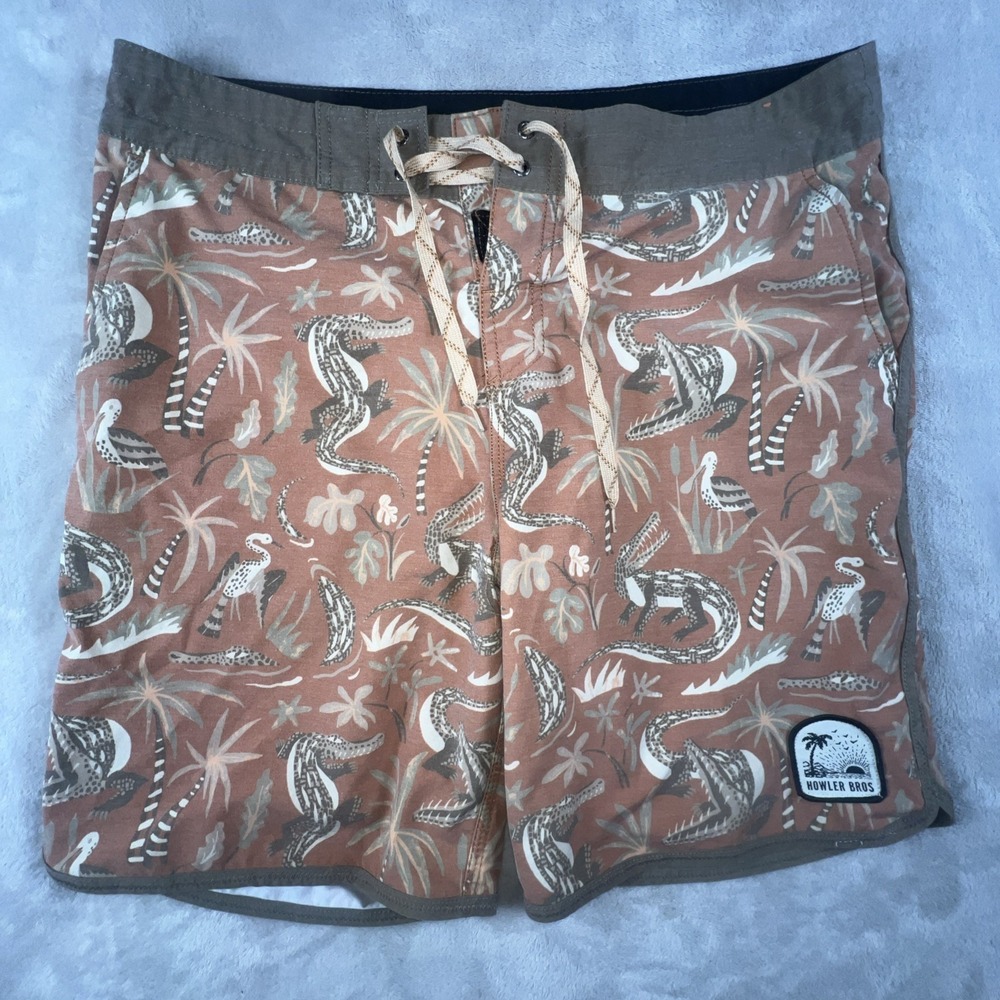 Howler Brothers Alligator Palm Print Board Shorts Mens 34 Swim Trunks Drawstring
